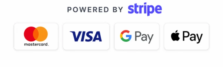 Powered by Stripe — Mastercard, Visa, Google Pay, Apple Pay